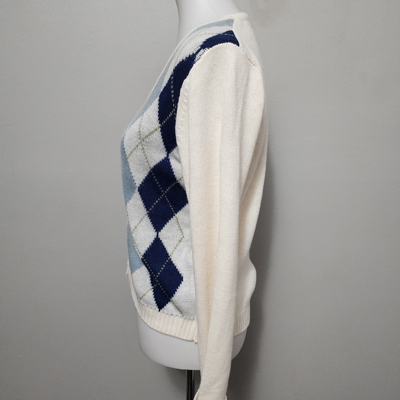 Love Tree Ivory & Blue Argyle Knit Cardigan Size Large - Picture 4 of 7